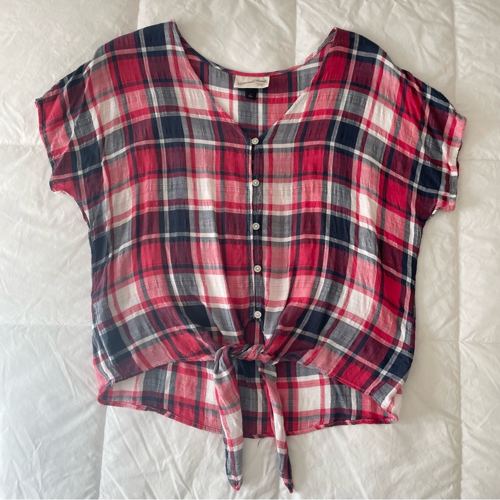 Plaid Button-Down Tie-Front Top - Red and Blue
